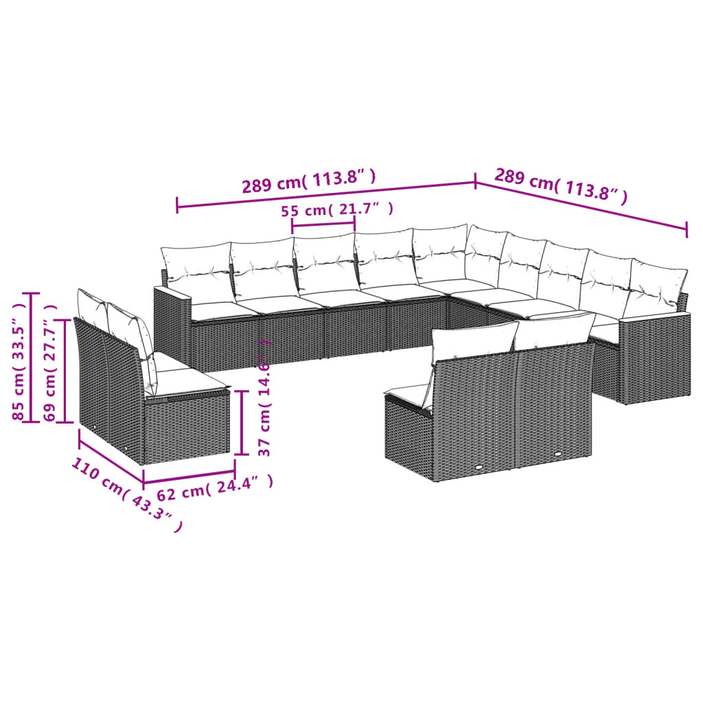 vidaXL Set Divani da Giardino 13 pz con Cuscini Grigio in Polyrattan