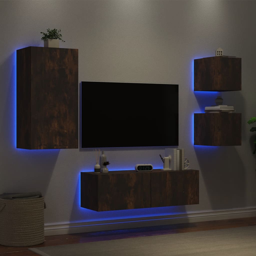 vidaXL Mobili TV a Muro 4pz con Luci LED Rovere Fumo