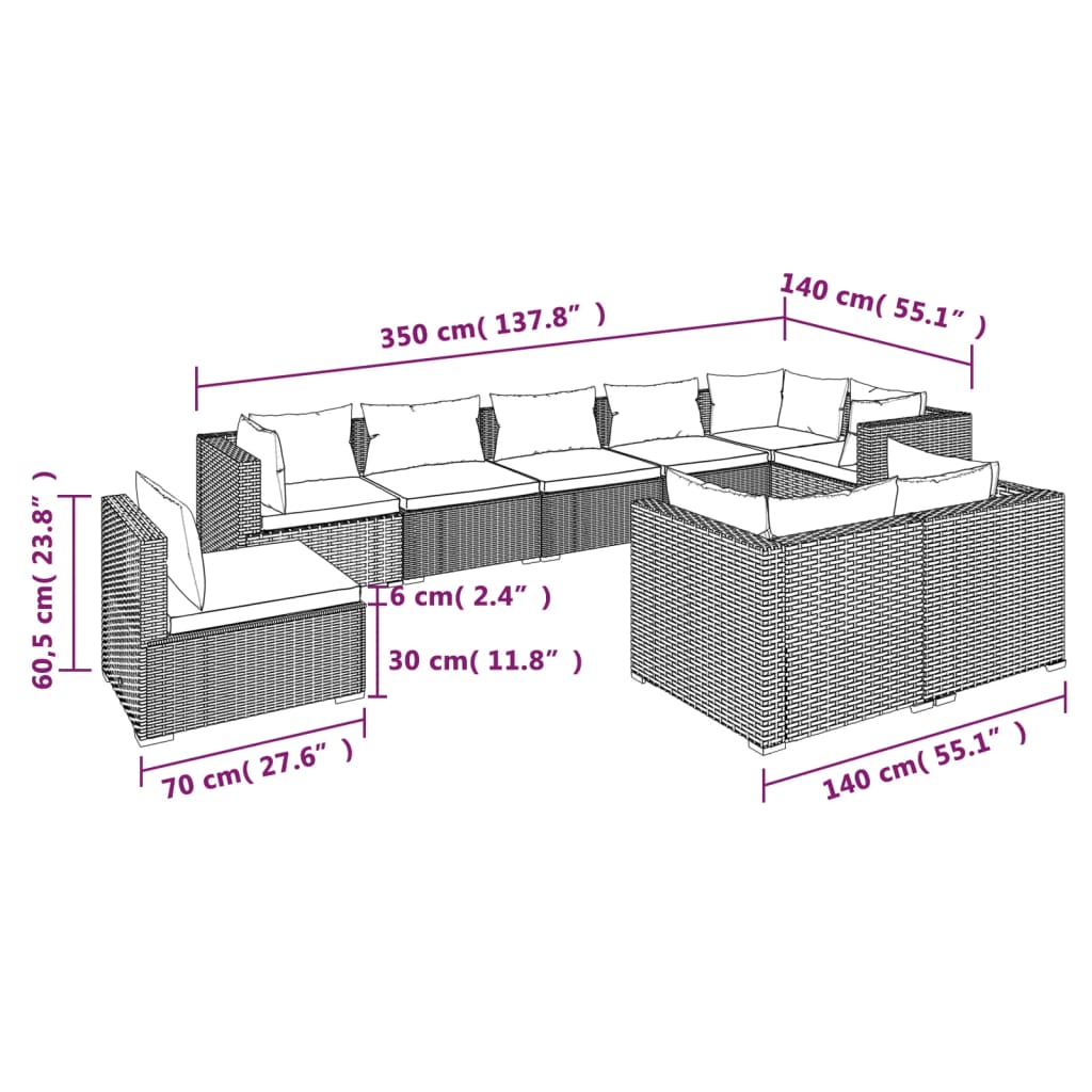 vidaXL Set Divani da Giardino 9 pz con Cuscini in Polyrattan Nero