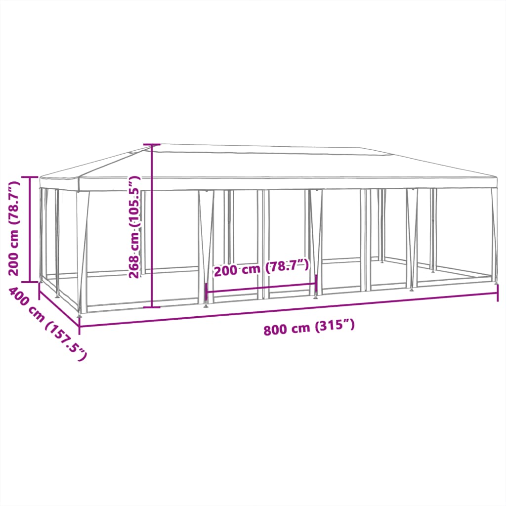 vidaXL Tenda per Feste con 12 Pareti Laterali in Rete Bianco 8x4m HDPE