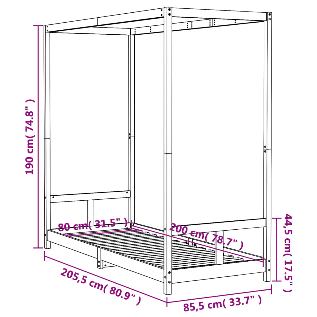 vidaXL Giroletto per Bambini Nero 80x200 cm in Legno Massello di Pino