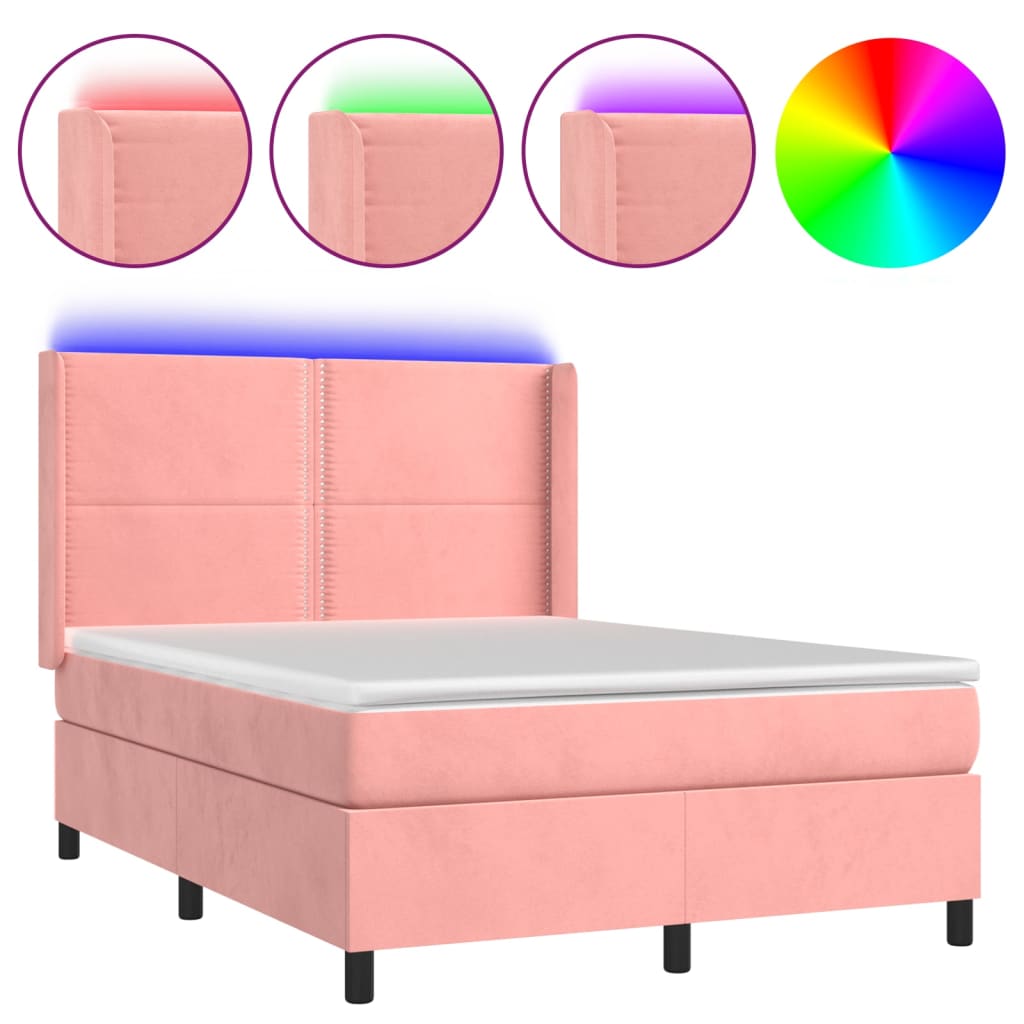 vidaXL Letto a Molle con Materasso e LED Rosa 140x200 cm in Velluto