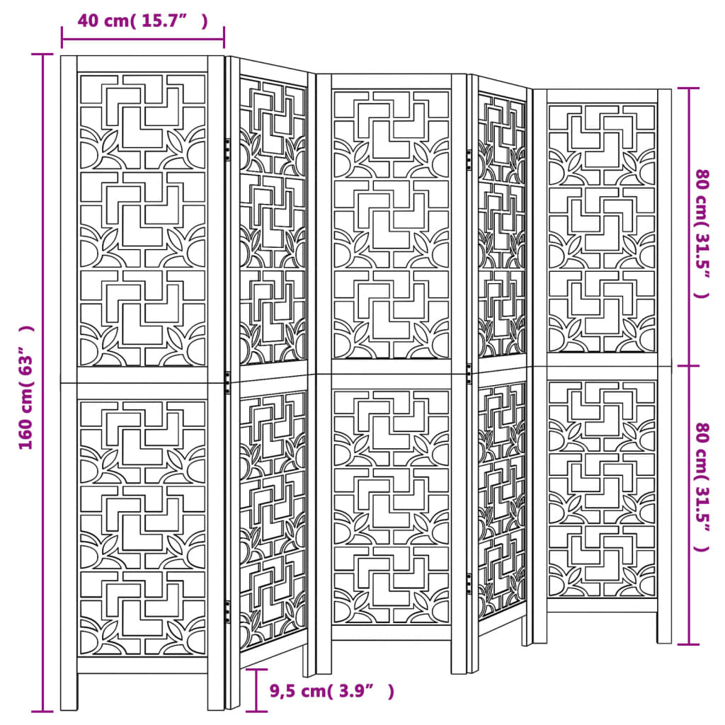 vidaXL Divisorio Ambienti 5 Pannelli Marrone Legno Massello Paulownia