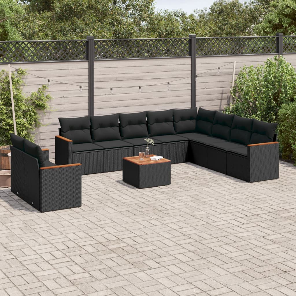 vidaXL Set Divani da Giardino 11 pz con Cuscini in Polyrattan Nero