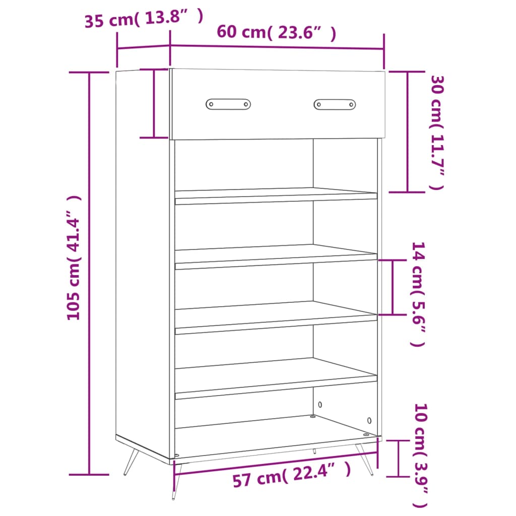 vidaXL Scarpiera Bianco Lucido 60x35x105 cm in Legno Multistrato