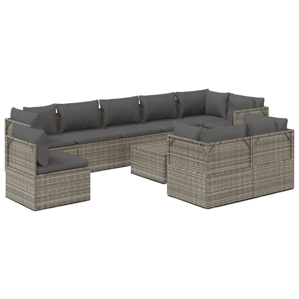 vidaXL Set Divani da Giardino 10 pz con Cuscini in Polyrattan Grigio