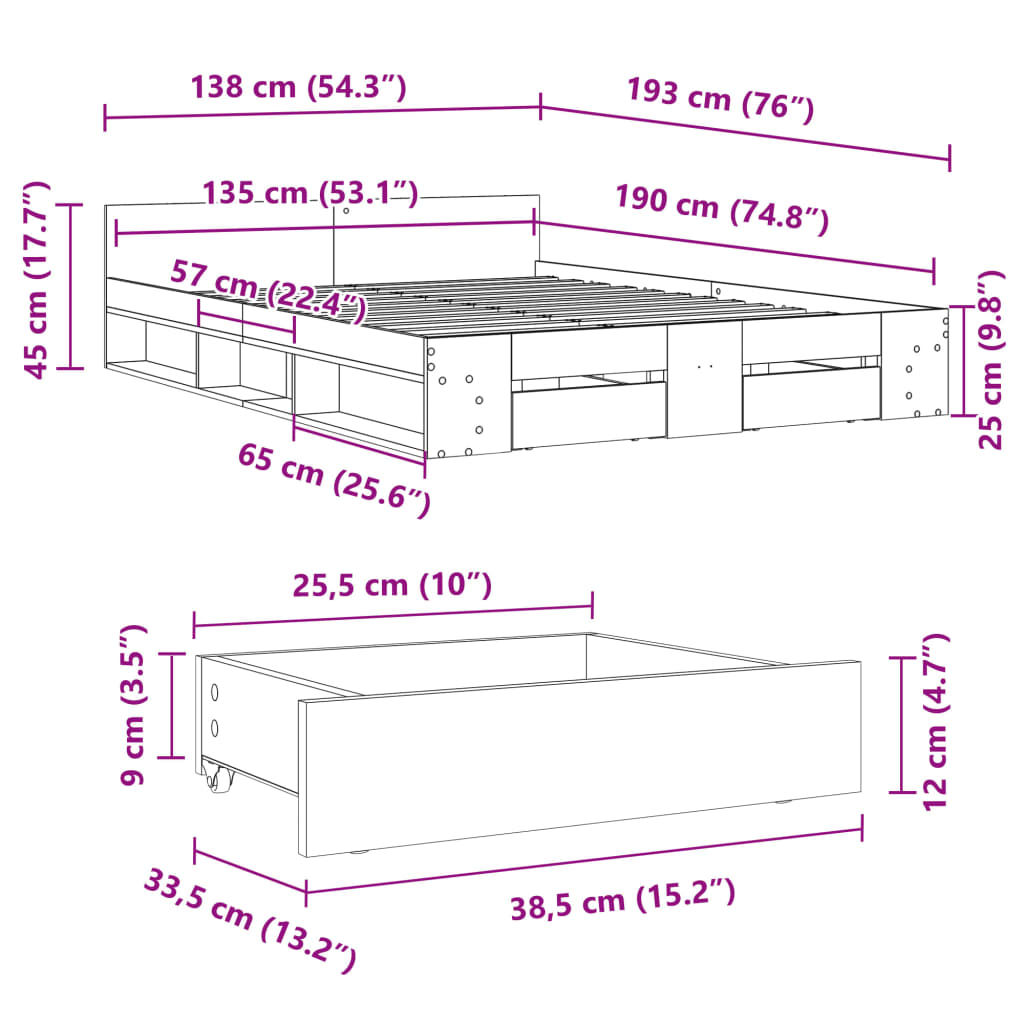 vidaXL Giroletto con Cassetti Nero 135x190 cm in Legno Multistrato