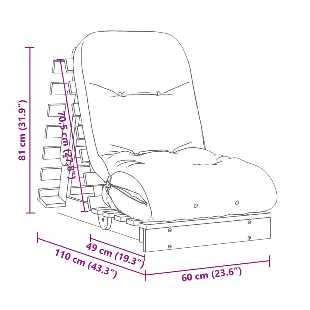 vidaXL Divano Letto Futon con Materasso 60x206x11 Legno Massello Pino