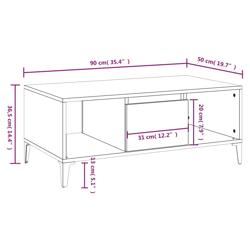 vidaXL Tavolino Salotto Rovere Sonoma 90x50x36,5 cm Legno Multistrato