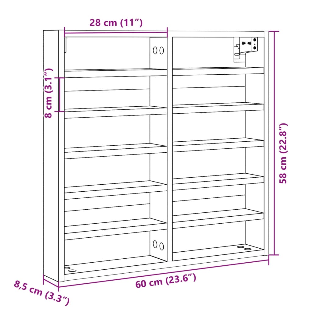 vidaXL Armadietto Vetrina Grigio Sonoma 60x8,5x58 cm Legno Multistrato