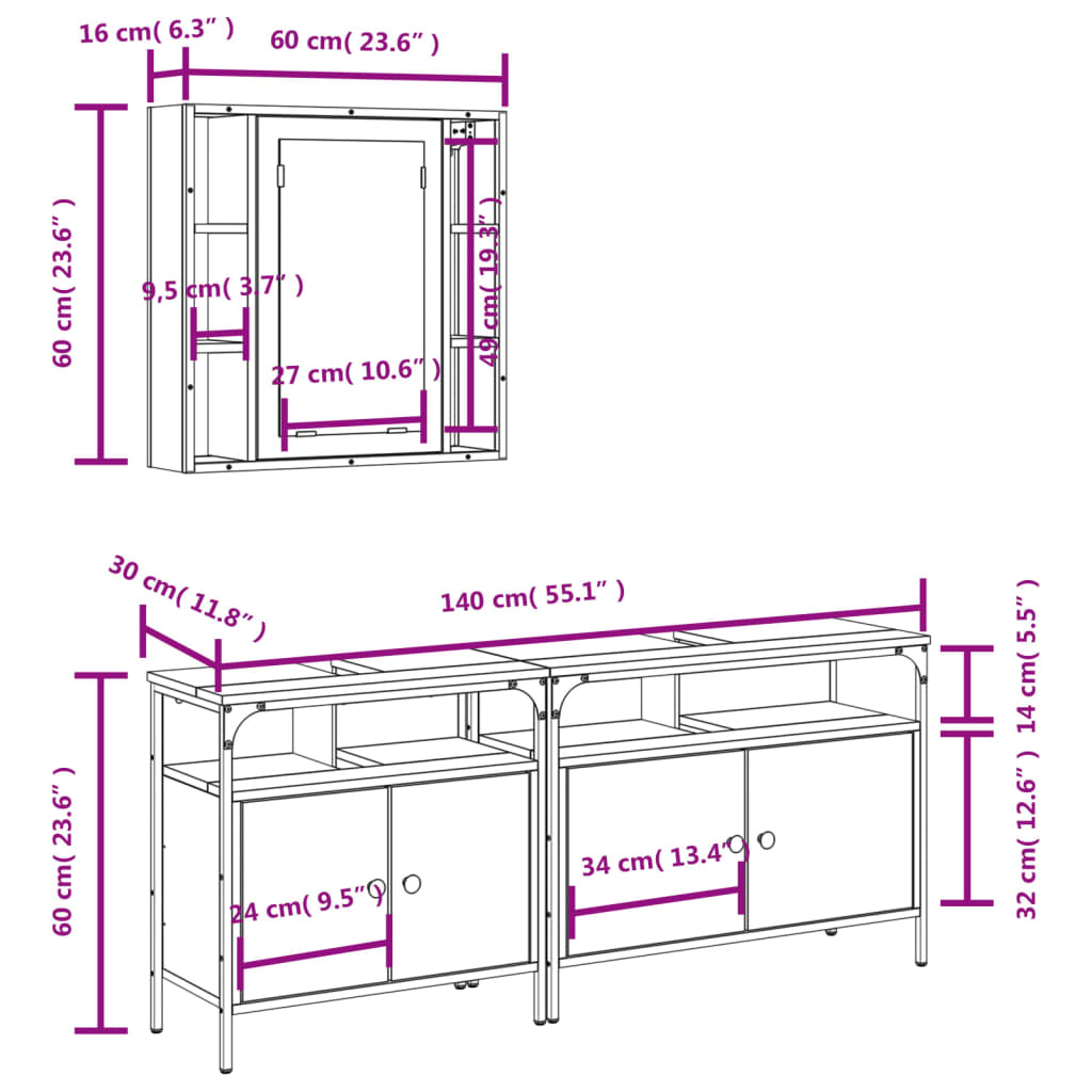 vidaXL Set di Mobili da Bagno 3 pz Nero in Legno Multistrato