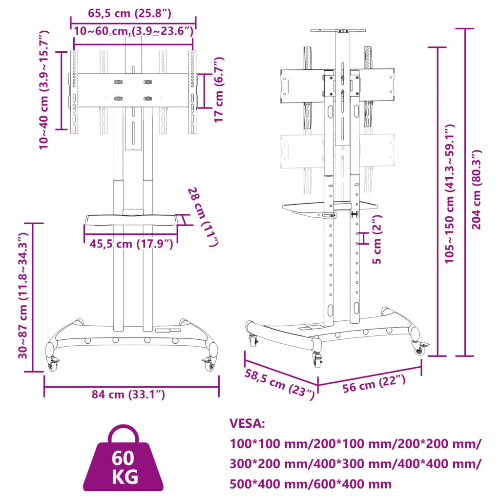 vidaXL Supporto TV con Ruote Schermo 32"-70" Max VESA 600x400 mm 60kg