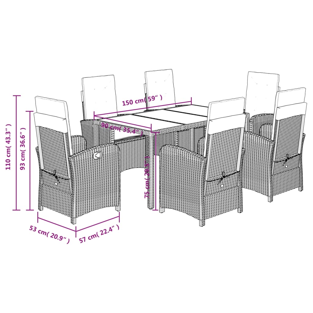 vidaXL Set da Pranzo da Giardino 7 pz Nero con Cuscini in Polyrattan