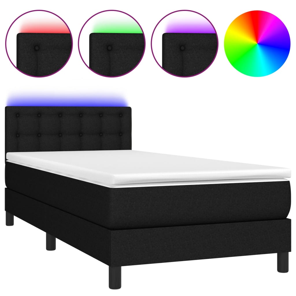 vidaXL Letto a Molle con Materasso e LED Nero 90x190 cm in Tessuto