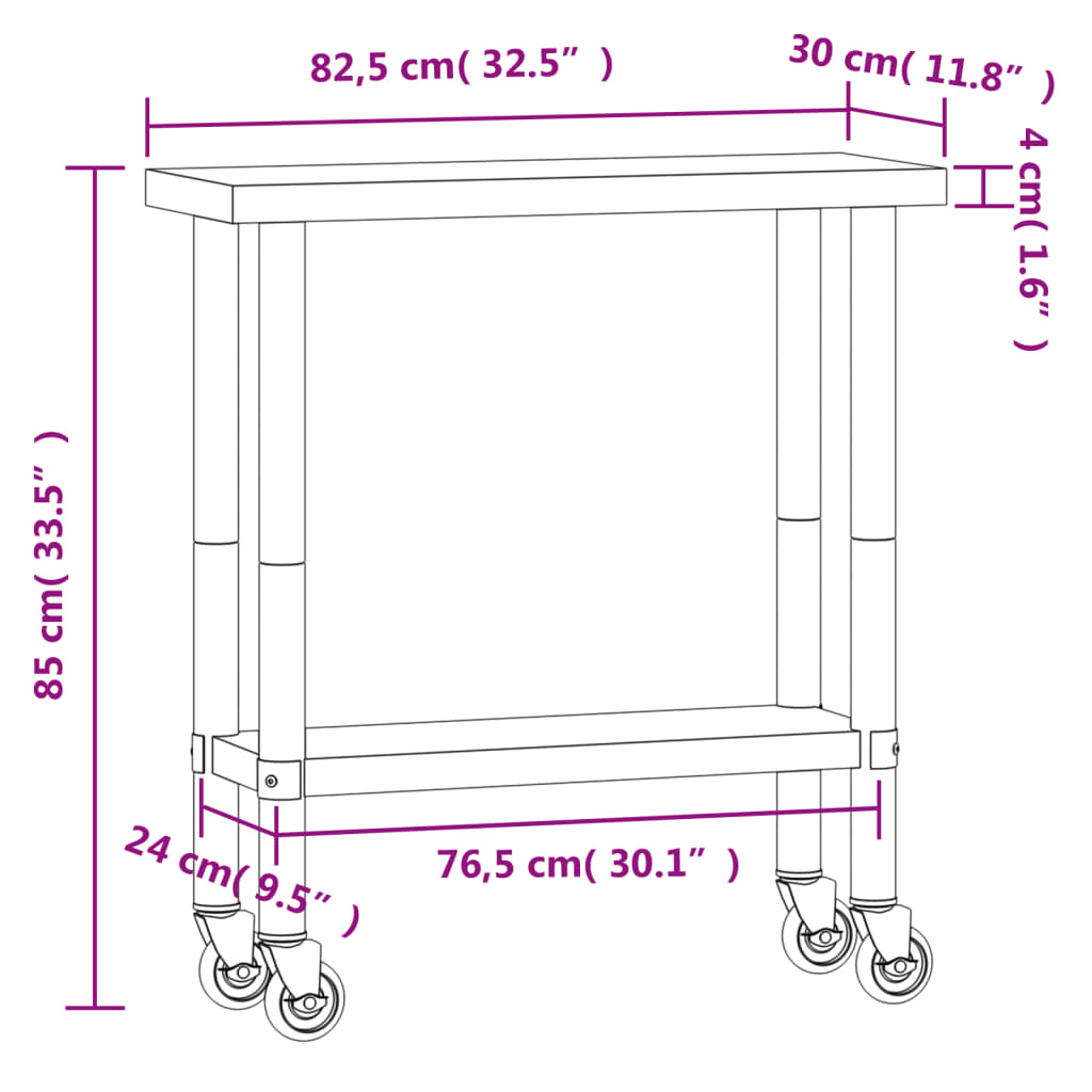 vidaXL Tavolo da Lavoro Cucina con Ruote 82,5x30x85 cm in Acciaio Inox