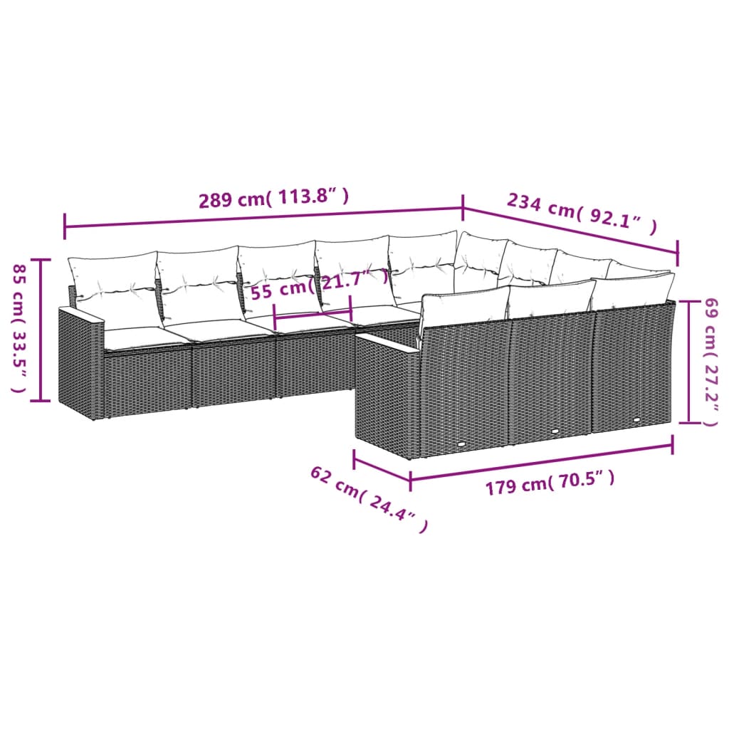 vidaXL Set Divani da Giardino 10pz con Cuscini in Polyrattan Nero