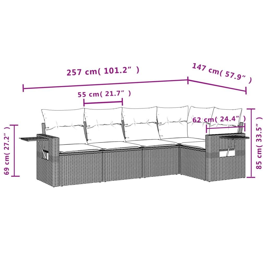 vidaXL Set Divano da Giardino 5 pz con Cuscini Marrone in Polyrattan