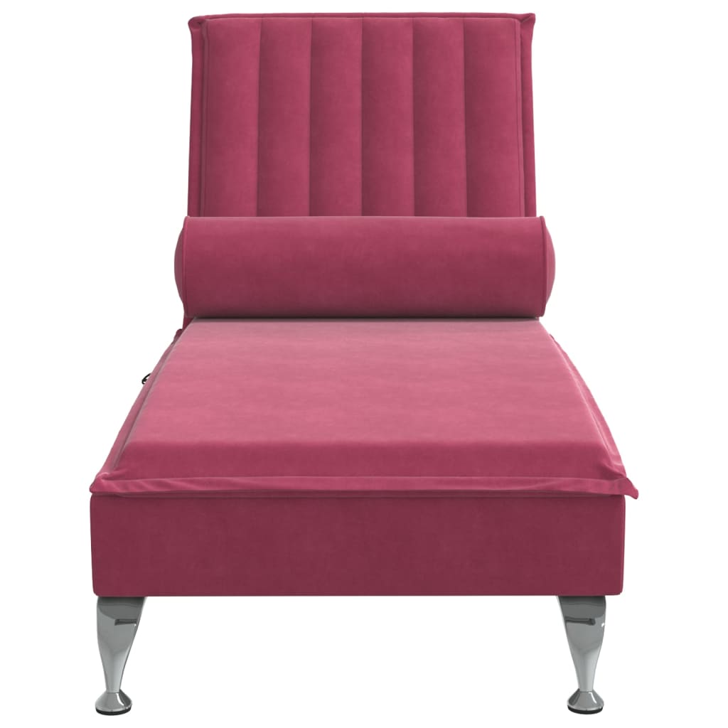 vidaXL Chaise Longue Massaggi con Cuscino a Rullo Rosso Vino Velluto