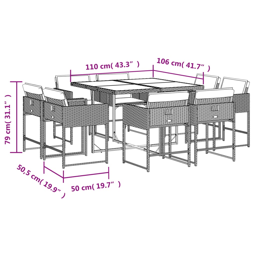 vidaXL Set Pranzo da Giardino 9pz con Cuscini Grigio Chiaro Polyrattan