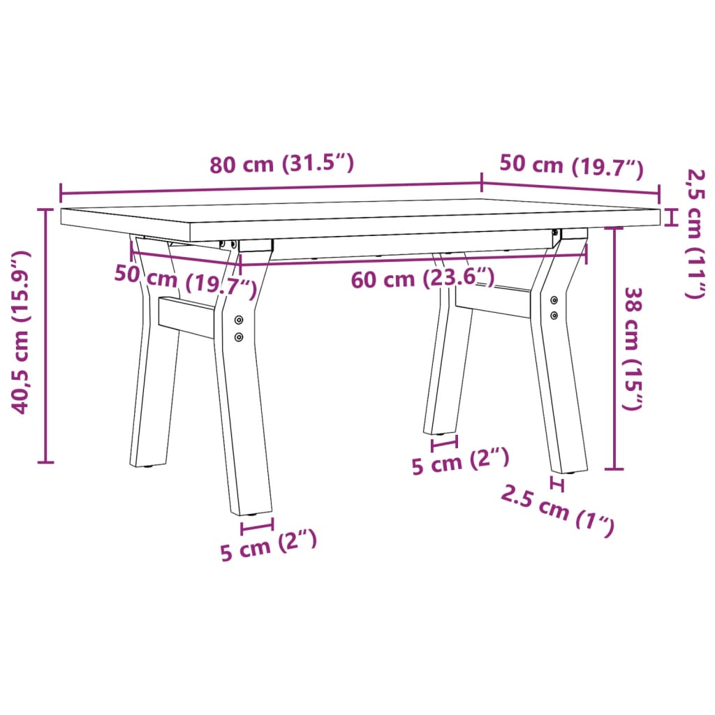 vidaXL Tavolino Salotto Telaio a Y 80x50x40,5 cm Legno Pino e Acciaio