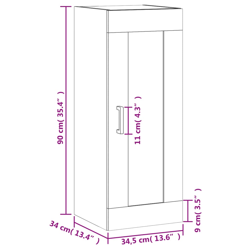 vidaXL Mobile a Parete Grigio Cemento 34,5x34x90 cm Legno Multistrato