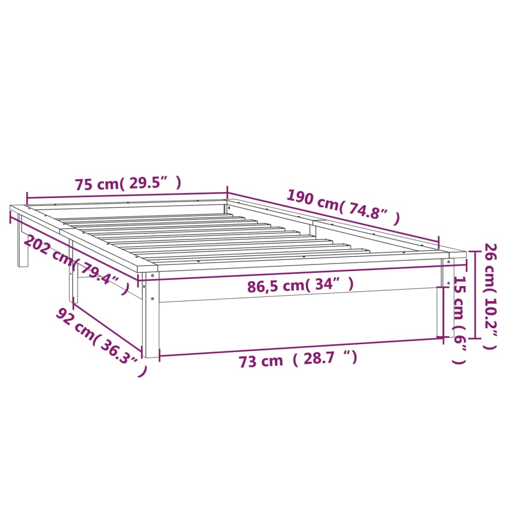 vidaXL Giroletto con LED 75x190 cm Small Single in Legno Massello