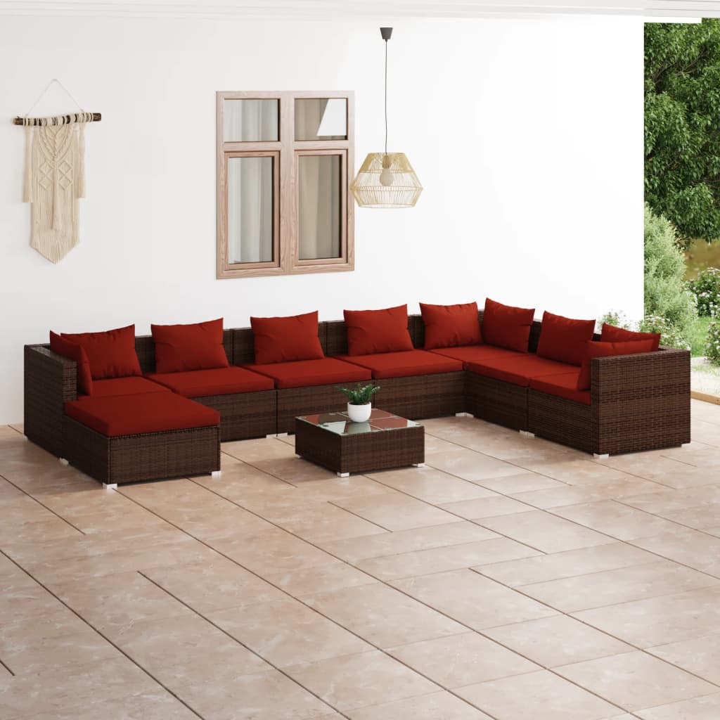 vidaXL Set Divani da Giardino 9 pz con Cuscini in Polyrattan Marrone