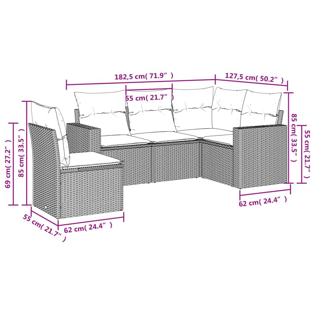 vidaXL Set Divano da Giardino 5 pz con Cuscini Marrone in Polyrattan