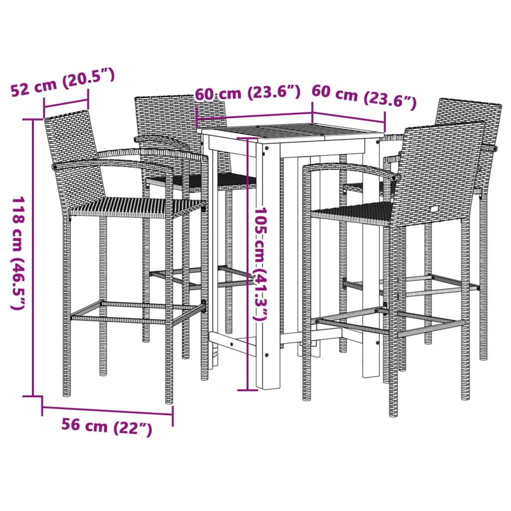 vidaXL Set Bar da Giardino 5 pz Nero in Legno Acacia e Polyrattan