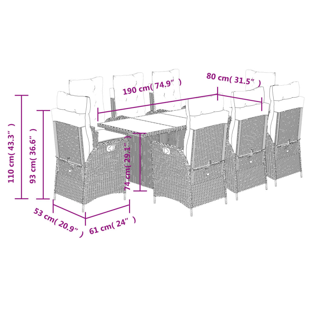 vidaXL Set da Pranzo da Giardino 9 pz con Cuscini in Polyrattan Grigio