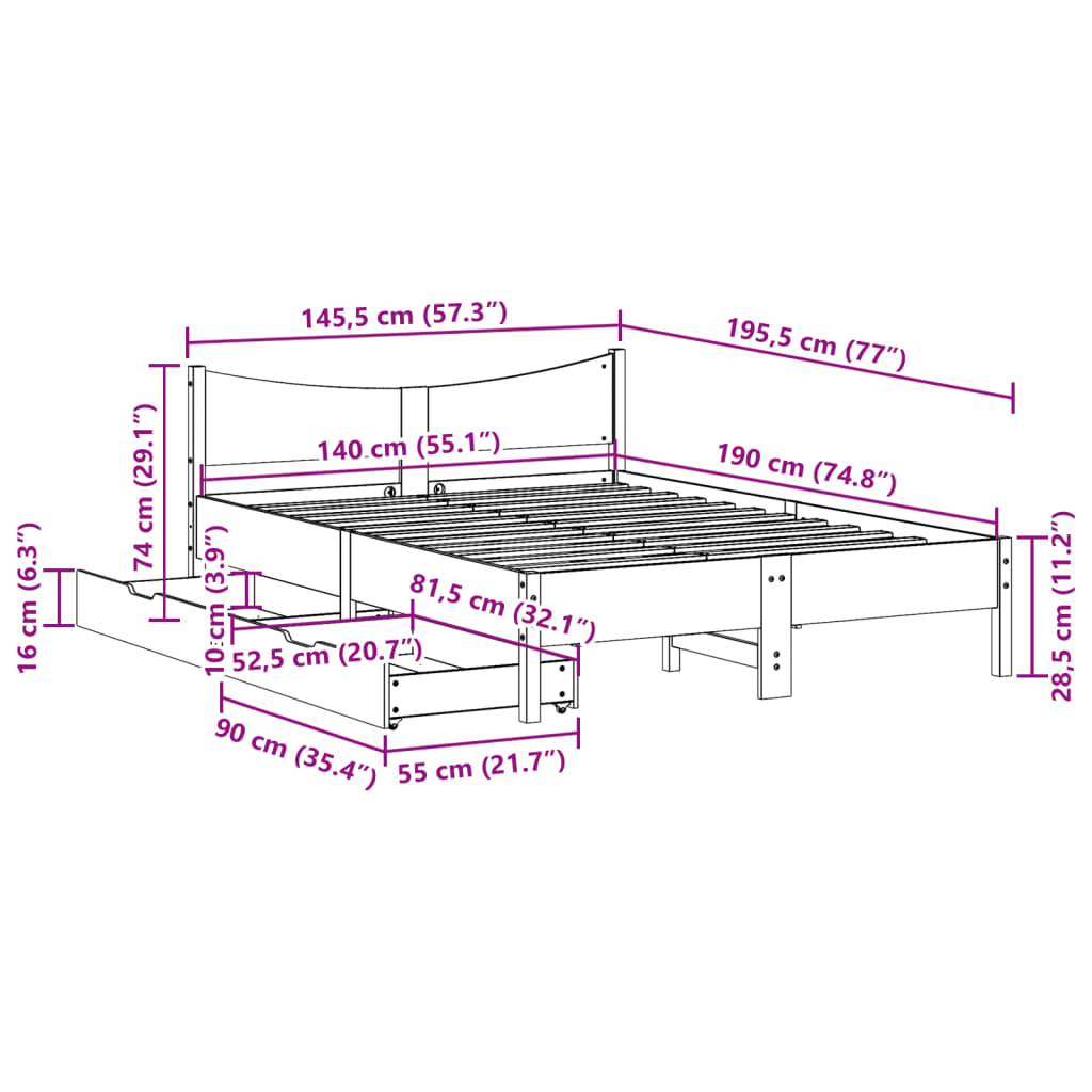 vidaXL Giroletto Cassetti Marrone Cera 140x190 cm Legno Massello Pino