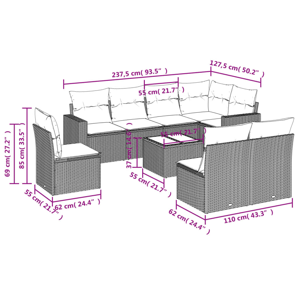 vidaXL Set Divano da Giardino 9 pz con Cuscini Beige in Polyrattan