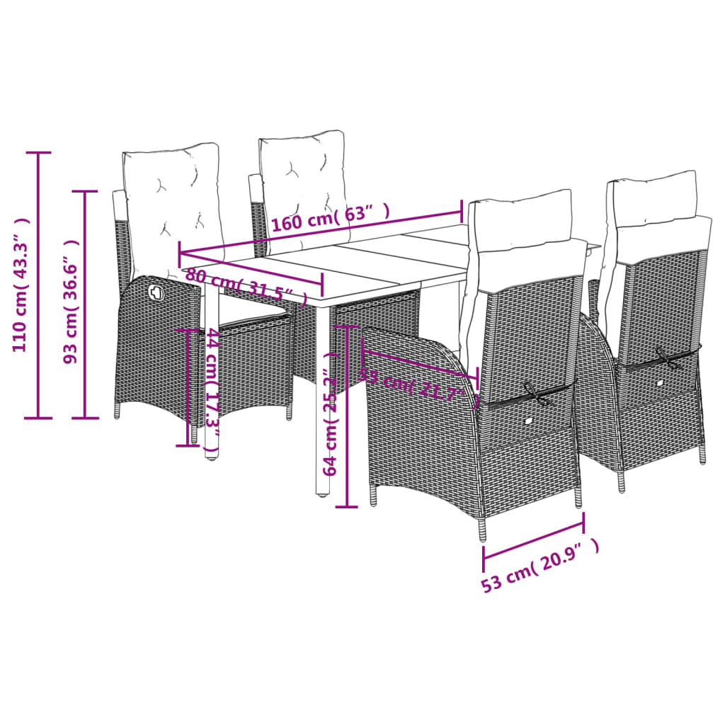 vidaXL Set Pranzo da Giardino 5pz con Cuscini Grigio Chiaro Polyrattan