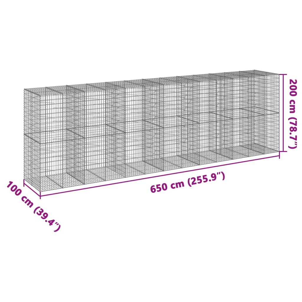 vidaXL Cesto Gabbione con Copertura 650x100x200 cm in Ferro Zincato