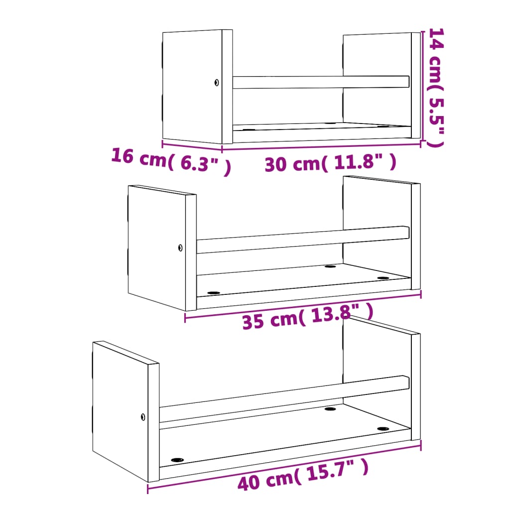 vidaXL Set Mensole Parete con Aste 3pz Grigio Sonoma Legno Multistrato