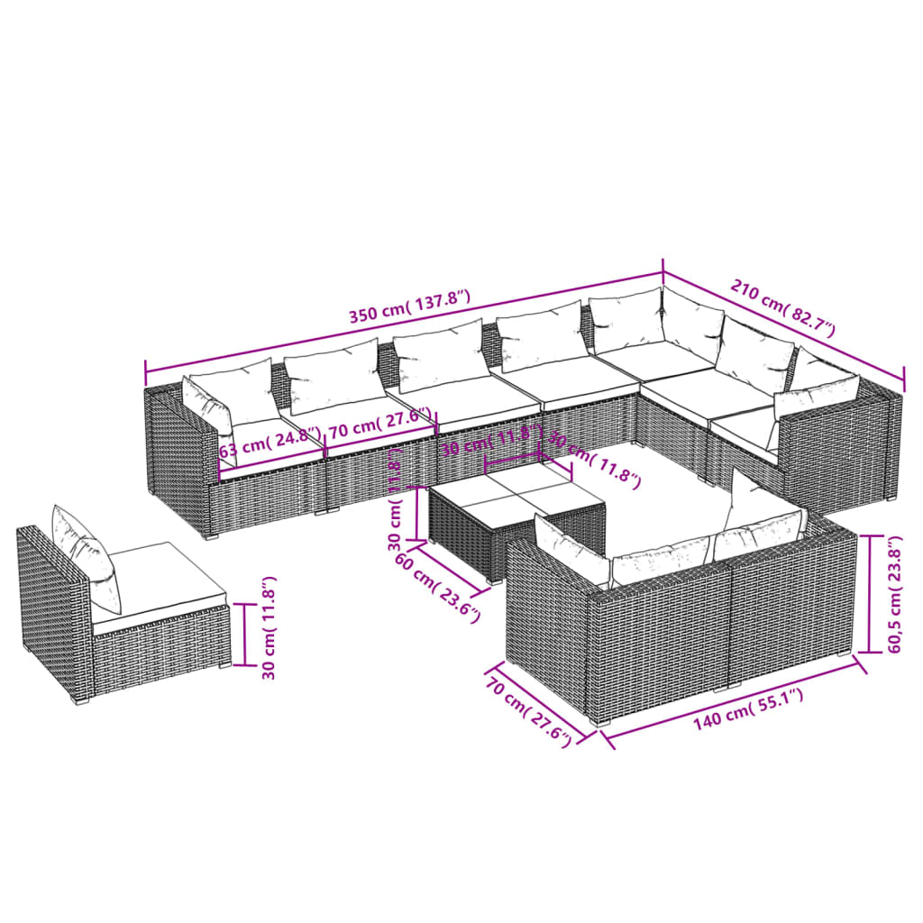 vidaXL Set Divani da Giardino 11 pz con Cuscini in Polyrattan Grigio