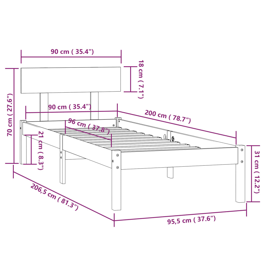 vidaXL Giroletto senza Materasso Ambra Legno Massello Pino 90x200 cm