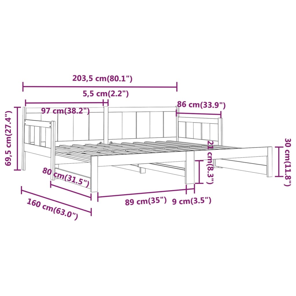 vidaXL Dormeuse Estraibile Bianca Legno Massello di Pino 2x(80x200) cm