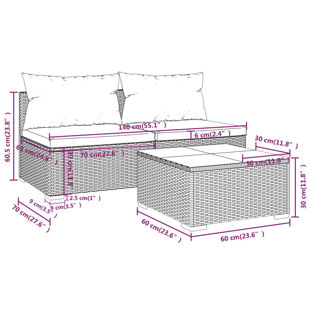 vidaXL Set Divani da Giardino 3 pz con Cuscini in Polyrattan Marrone