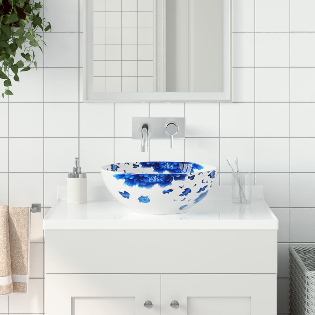 vidaXL Lavabo da Appoggio Bianco e Blu Rotondo Φ41x14 cm Ceramica