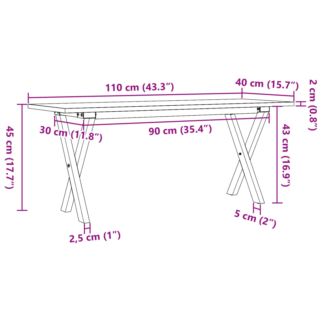 vidaXL Tavolino Salotto Telaio a X 110x40x45cm Massello Pino e Ghisa