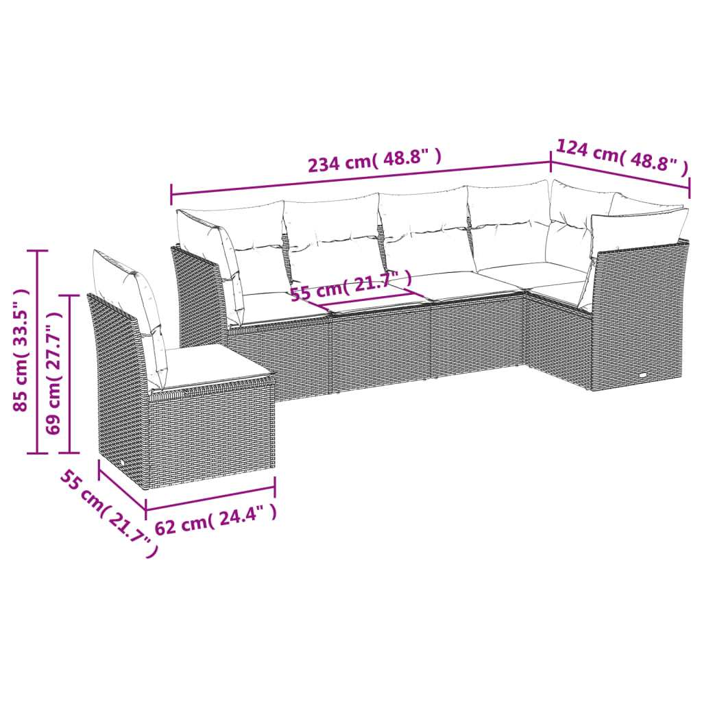 vidaXL Set Divano da Giardino 6 pz con Cuscini Nero in Polyrattan