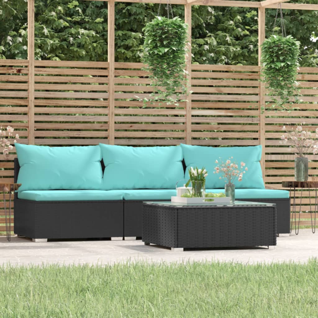 vidaXL Set Divani da Giardino 4 pz con Cuscini in Polyrattan Nero