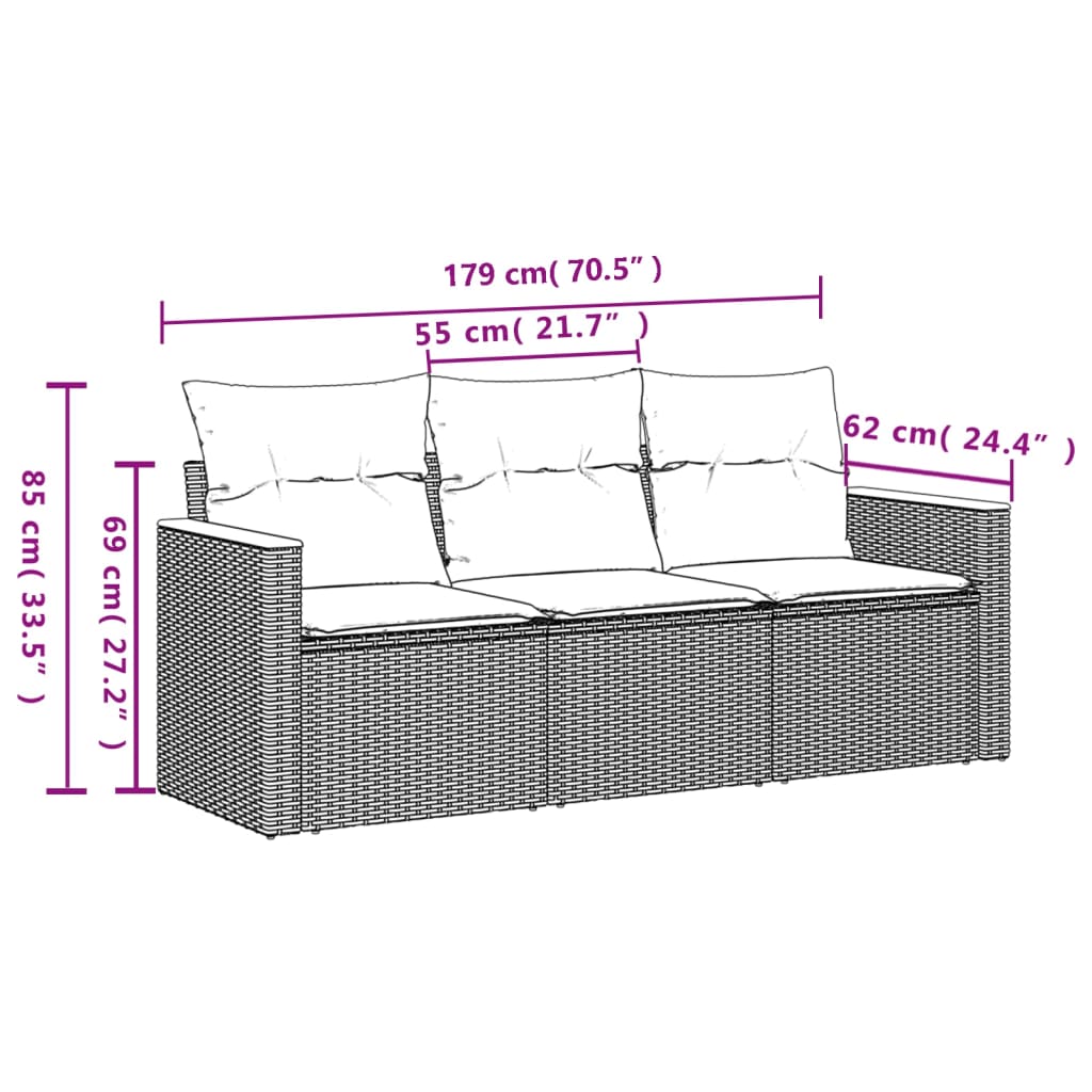 vidaXL Set Divani da Giardino 3 pz con Cuscini in Polyrattan Nero