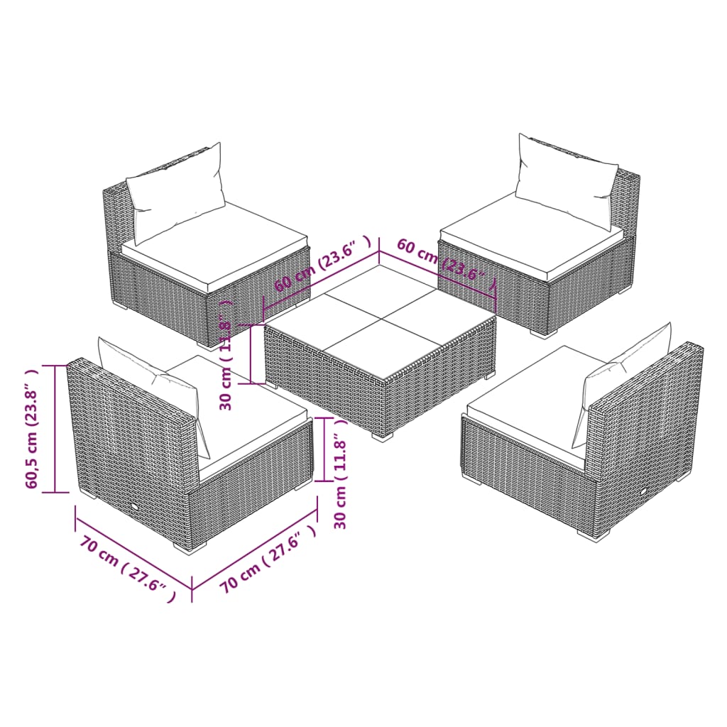 vidaXL Set Divani da Giardino 5 pz con Cuscini in Polyrattan Grigio