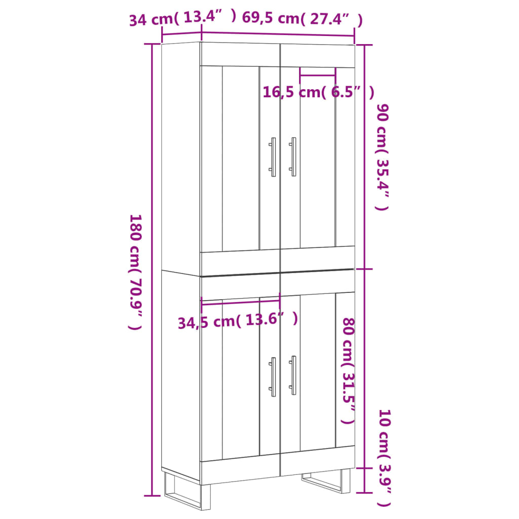 vidaXL Credenza Nera 69,5x34x180 cm in Legno Multistrato