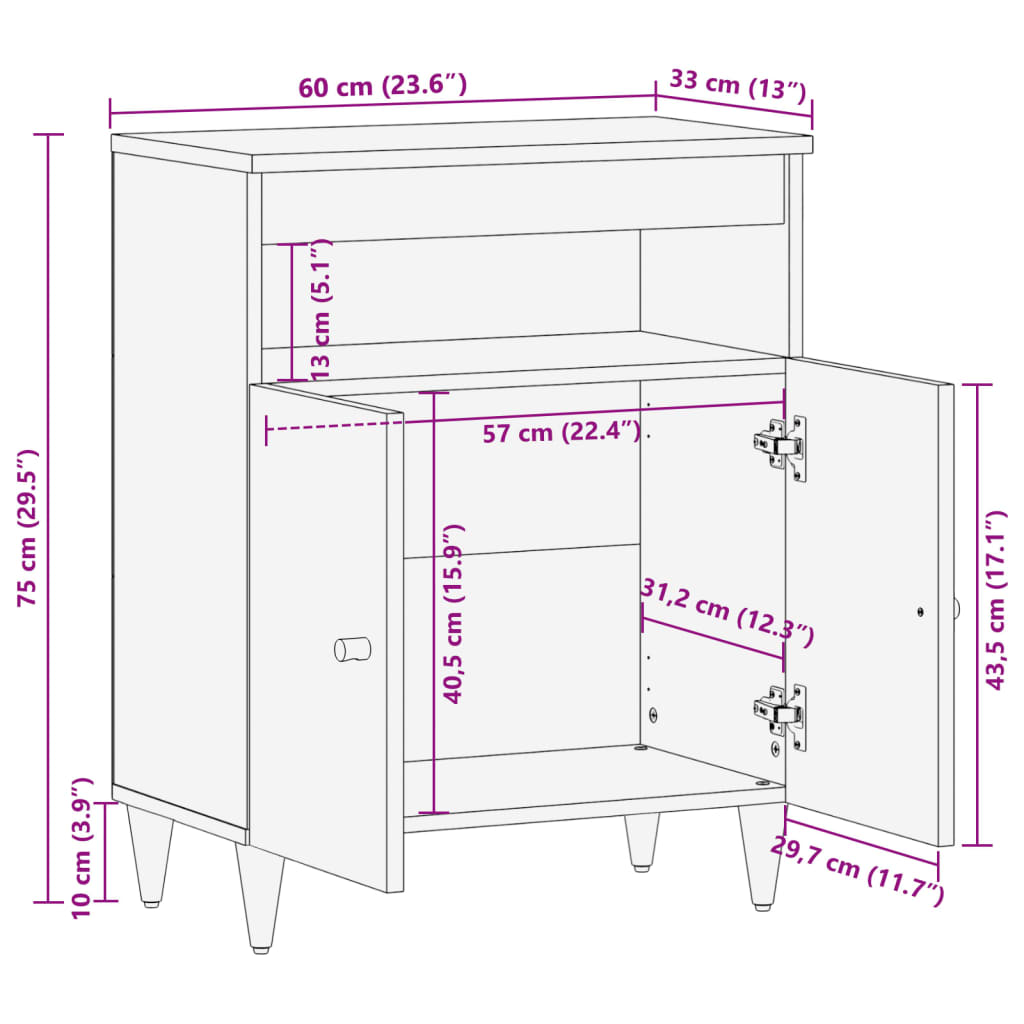 vidaXL Credenza 60x33x75 cm in Legno Massello di Mango