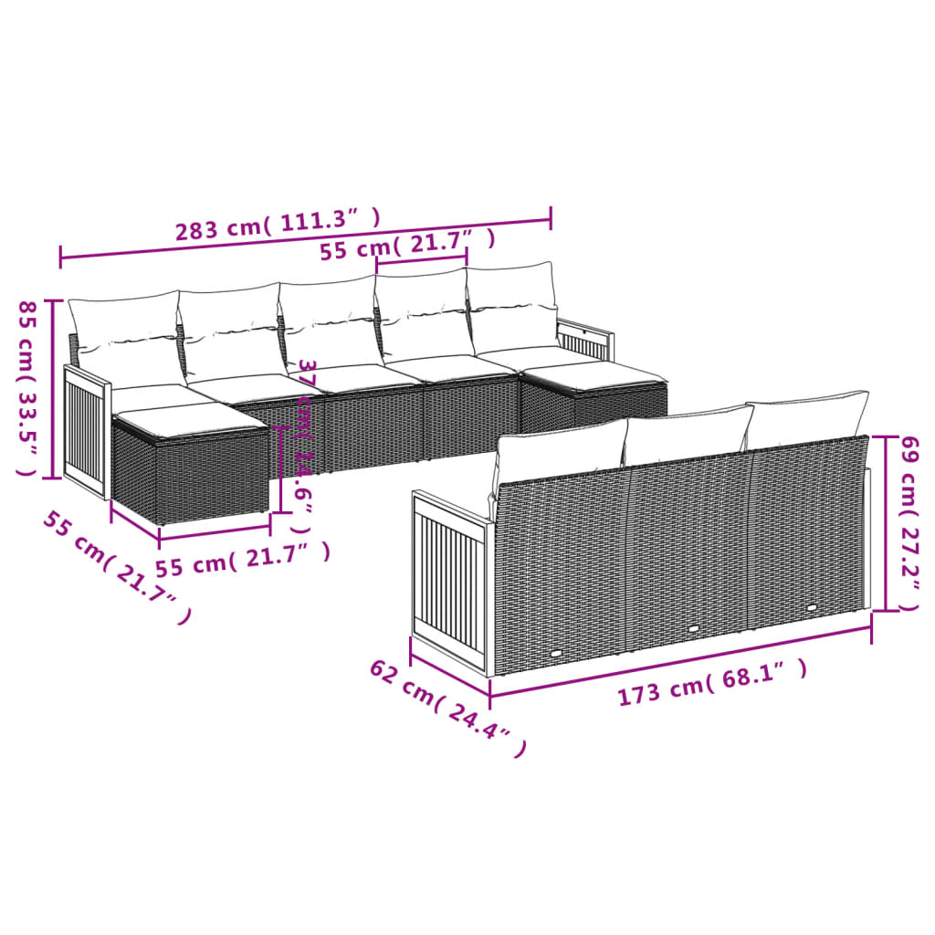 vidaXL Set Divano da Giardino 10 pz con Cuscini Beige in Polyrattan