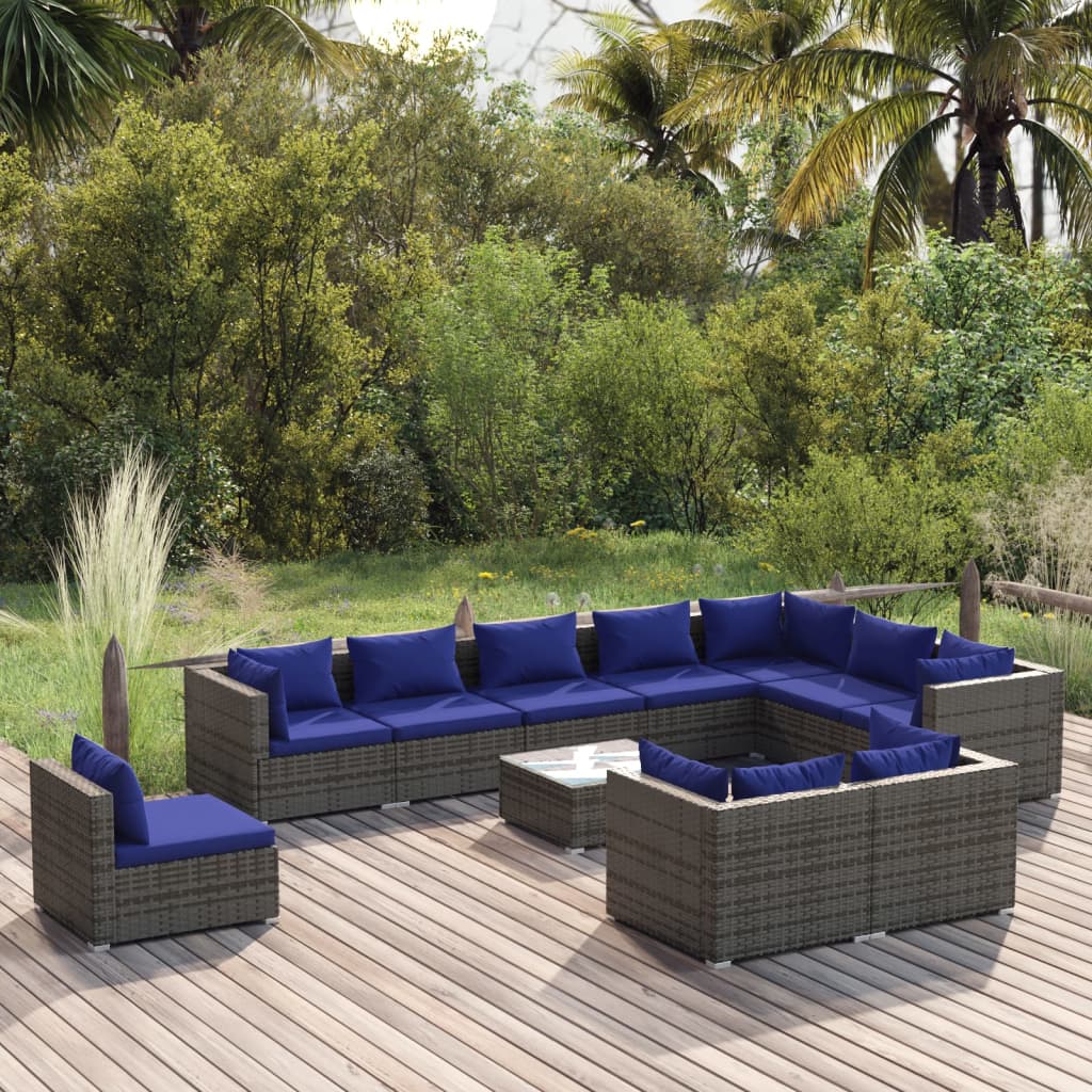 vidaXL Set Divani da Giardino 11 pz con Cuscini in Polyrattan Grigio