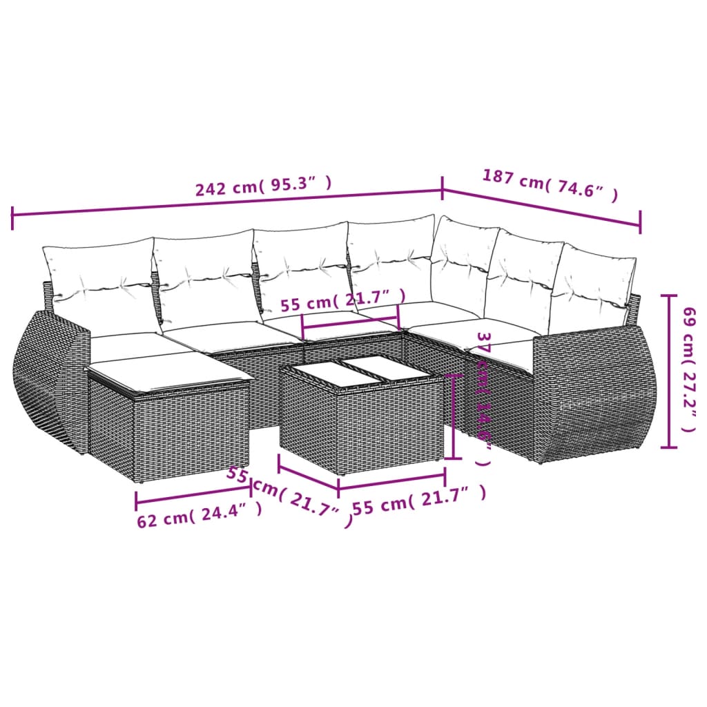 vidaXL Set Divano da Giardino 8 pz con Cuscini Grigio in Polyrattan